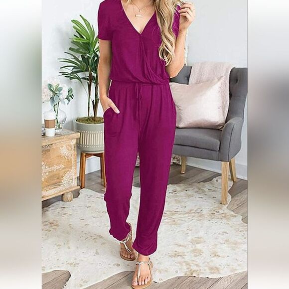 NWT PRETTYGARDEN Women's Summer Casual Deep V Neck Short Sleeve Wrap Drawstring - Picture 2 of 9